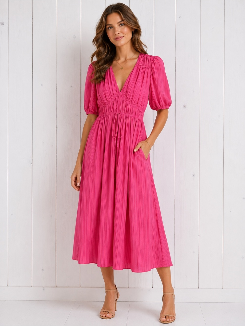 Endless Rose Bright Pink Pleated Maxi Dress with Puff Sleeves XS (NWT)